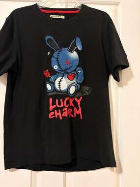 BKYS Lucky Charm T-Shirt Size S Black Bunny Rose Denim Graphic